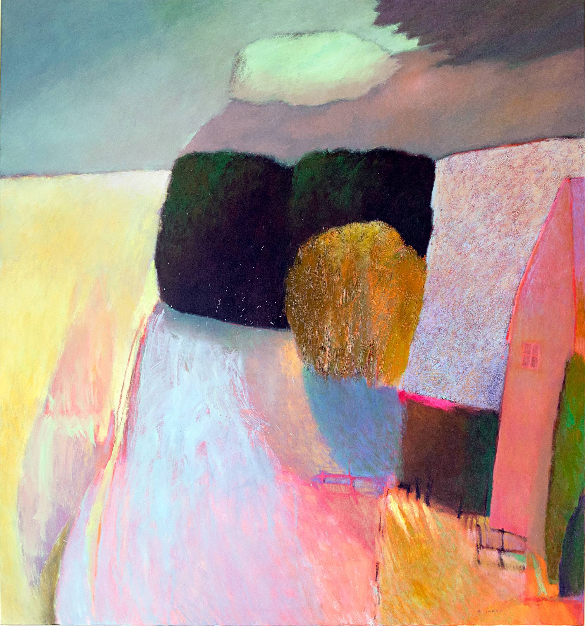 Abstract landscape with a building on the far right corner of the canvas and a dark center.